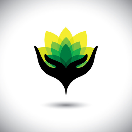 eco concept graphic of girls hand with fresh vibrant leaves - vector icons. This also represents beauty business, rejuvenation & healing spas, luxury resorts, alternative therapy, nature conservationのイラスト素材