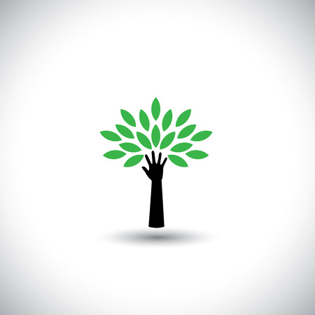 human hand & tree icon with green leaves - eco concept vector. This graphic also represents environmental protection, nature conservation, eco friendly, renewable, sustainability, nature lovingのイラスト素材