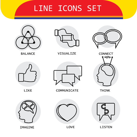 vector line icons of human actions like loving, listening, thinking. these also represent concepts like communication, talking, understanding, visualization, imagination, connectionのイラスト素材