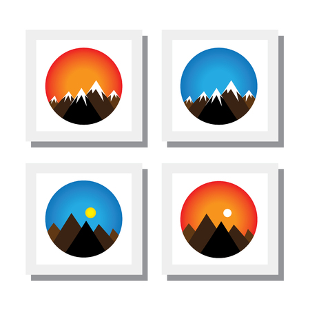 set of sunset, sunrise on mountain peaks -  vector icons. this also represents concepts like mornings, evening, summer, winterのイラスト素材
