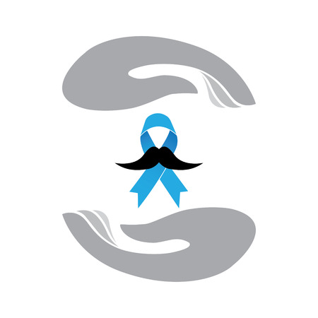 blue prostate cancer vector ribbon awareness with mustache being protected by human handsのイラスト素材