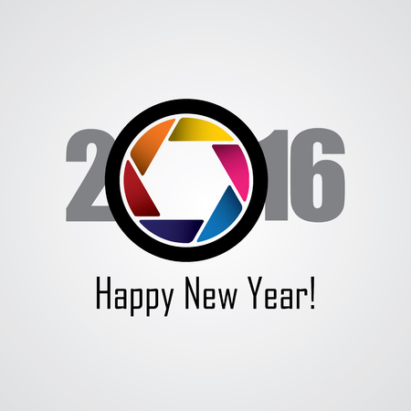 happy new year 2016 vector design icon as a camera. this vector graphic has a shutter or lens icon with colorful aperture in the centerのイラスト素材