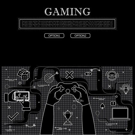 line drawing of concept of gaming vector graphic in black and white. also represents online games, video games, etc to be used web banners and as printed materialsのイラスト素材