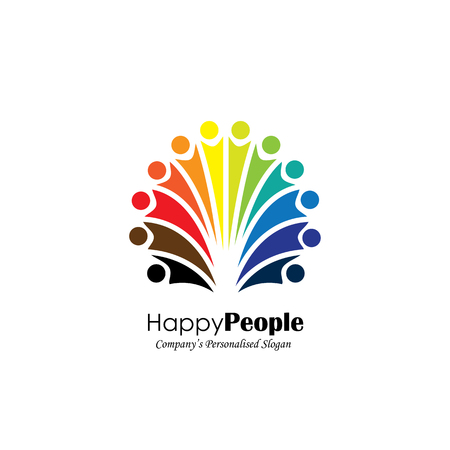 lively happy excited people friends logo concept vector icon. this icon also represents friendship, partnership cooperation, unity, excitement, happiness, children playing, fun & frolic, entertainmentのイラスト素材