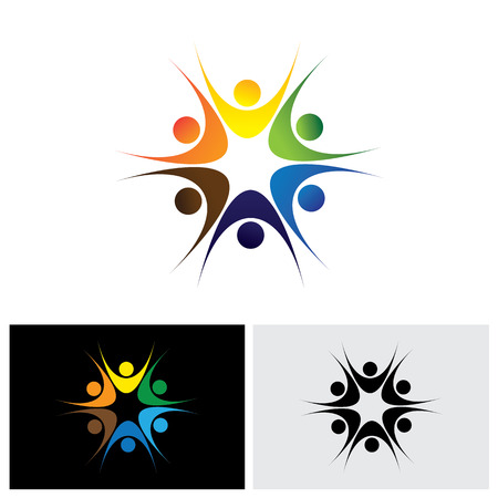 concept of close group of people as a happy lively community - vector icon. this also represents excited people, people dancing, school children or kids playing, colorful employees in circleのイラスト素材