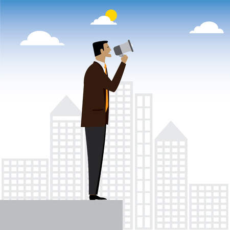businessman or executive making an announcement - vector graphic. this also represents advertising, warning, announce, speaking, shouting, calling, announcing through megaphone, announcing alarm, warnのイラスト素材