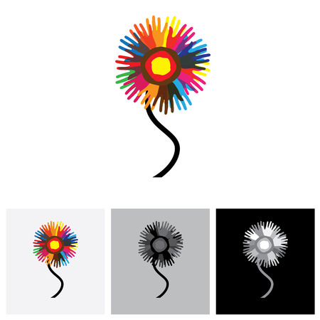 Colorful hand & palm imprints of people as flower - vector graphic. This illustration represents people team standing united, community support, people helping each other, universal brotherhoodのイラスト素材