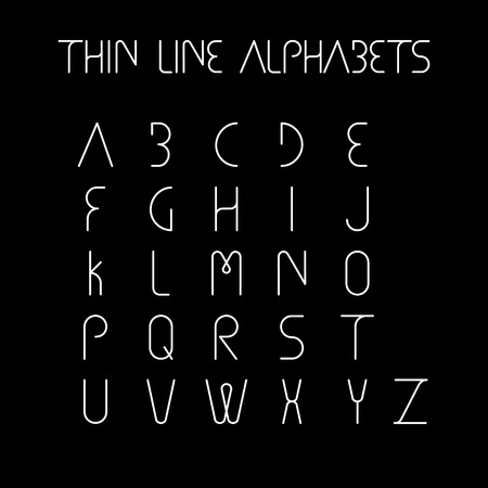 thin line and narrow English alphabets or letters in abstract and unique shapes and in uppercase - vector icons on black backgroundのイラスト素材