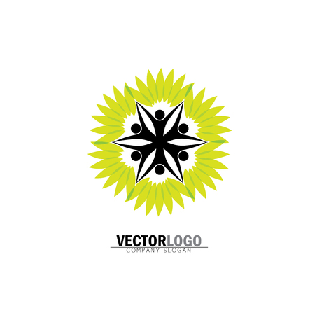 people in circle embracing tree or plant - eco concept vector logo. This also represents harmony, creativity, sustainable development, natural balance, development, healthy growthのイラスト素材