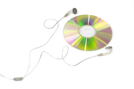 A compact disc and headphones isolated on white backgroundの写真素材