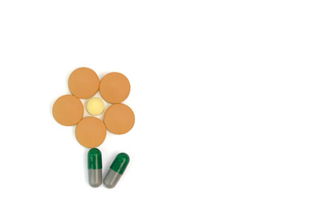 Symbolic flower made from tablets and capsules that helps to make positive impression from taking medicinesの写真素材