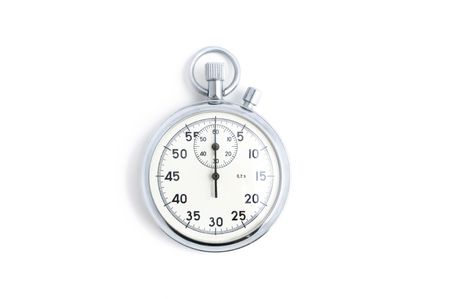 Silver stopwatch with hands in zero position isolated on whiteの写真素材