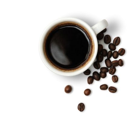Cup of hot flavoured coffee and beans isolated on whiteの写真素材