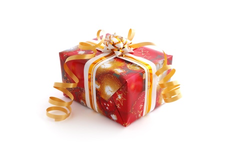 Christmas gift, wrapped box with ribbon, isolate on white backgroundの写真素材
