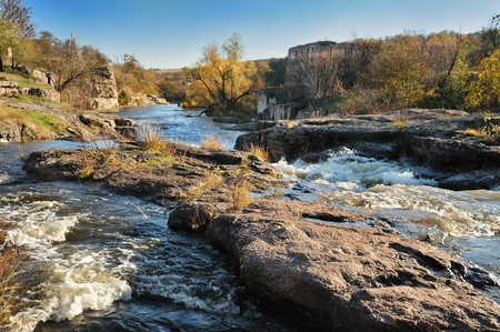 Beautiful river in the granite canyon in the eveningの写真素材