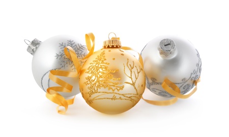 Silver and golden Christmas balls isolated on white backgroundの写真素材