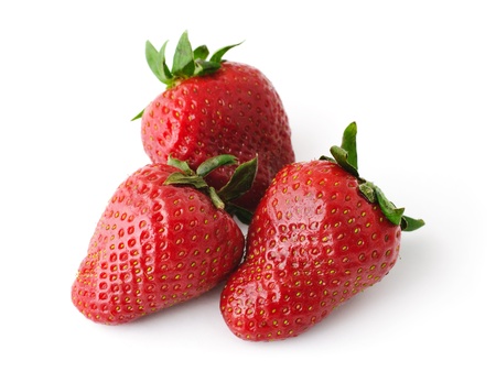 Three delicious strawberries isolated on white backgroundの写真素材