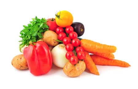Group of vegetables (tomatoes, pepper, parsley, cauliflower, eggplant, onion and potato) isolated on white backgroundの写真素材