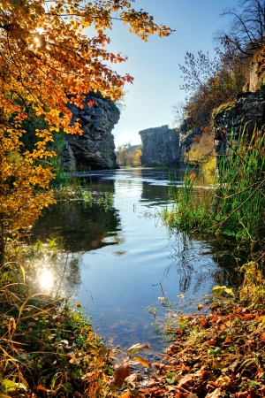 Beautiful calm river in the canyon during clear sunny morningの写真素材