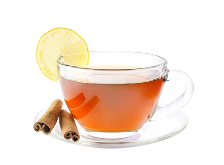 Cup of delicious tea with lemon and cinnamon  Isolated on white with clipping-path の写真素材