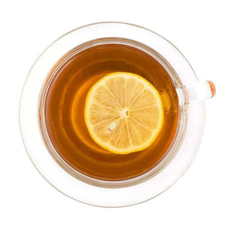 Top view of a glass cup of black tea with lemon  Isolated on white with clipping path の写真素材