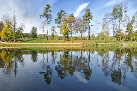 Beautiful lake in the park with sky and trees reflectionsの写真素材