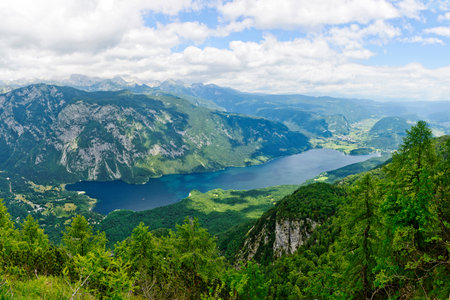 Beautiful Lake Bohinj surrounded by mountains of Triglav national parkの写真素材