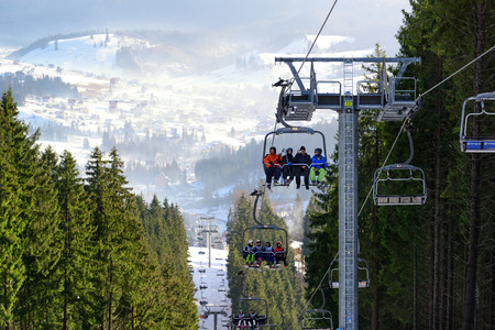 BUKOVEL, UKRAINE â DECEMBER 20, 2015: beautiful panorama of ski resort with ski-lift.のeditorial素材