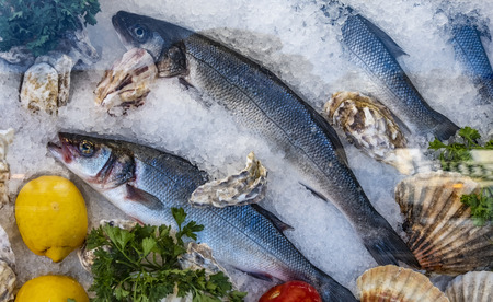 Fresh sea food on ice. Market in Italyの写真素材