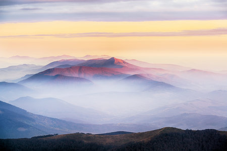 Amazing morning mountain view in blue and pink tonality. Sunrise in Carpathian mountains