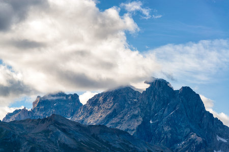 Picturesque rocky Alpine mountains with glaciers on the border between France and Italyの写真素材