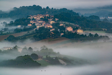 Fog on the green hills of Umbria, Italy