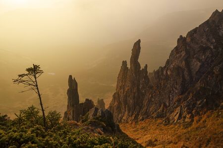 Beautiful misty rocks illuminated by warm morning sunlight, tranquil landscapeの写真素材