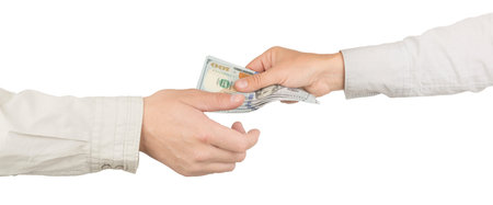 Cash payment. Two pointed hands, one with dollar banknotes. Payment, loan, donation, charity concept