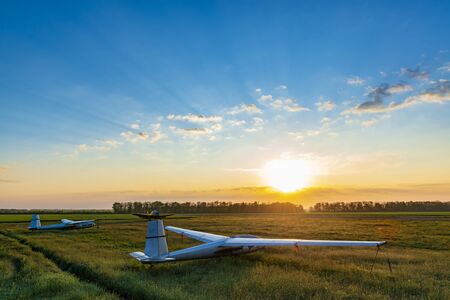 Sailplanes on the grassy field are ready for adventure. Beautiful surise at the airfield. の写真素材