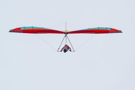 Colorful hang glider wing silhouette. View from the back.