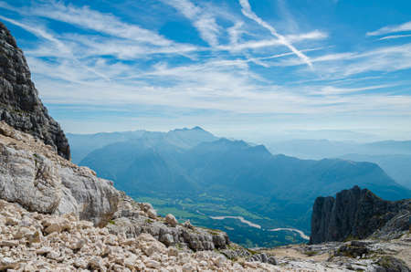 Amazing Julian Alps. View from Kanin mountain on Polovnik ridge. Region of Soca valley and Kobaridの写真素材