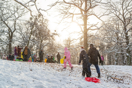 Kyiv, Ukraine, January 15 2021, children with sleds having fun in winter park an a sunny day