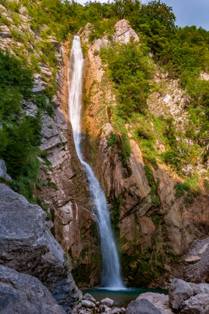 High waterfall in Julian Alps. Grigorcicev slap near Tolmin, Slovenia. Triglav national parkの写真素材