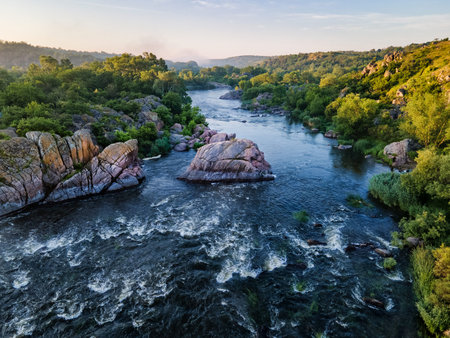 Beautiful morning at the river canyon. Perfect place for outdoor activity - cayaking, rafting, rock...