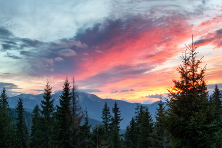 Amazing colors of evening sky over Maramaros mountain range known as Hutsul Apls