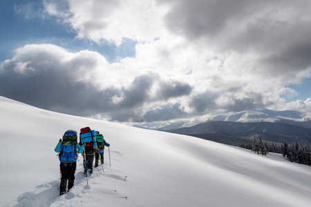 Group of hikers explore the winter mountains. Extreme winter outdoor activityの写真素材