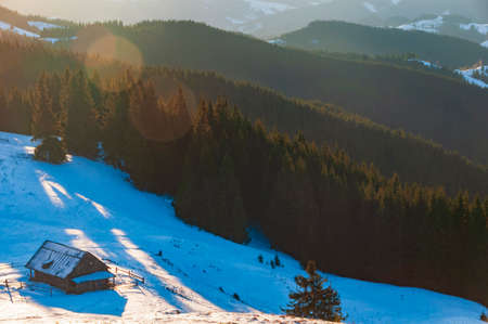 Old cabin in the wood. Shepherd hut high in the mountains. Remote houseの写真素材