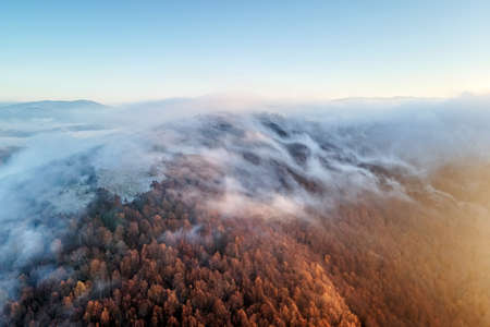 Bizarre fog shapse in the autumn mountains in the morningの写真素材