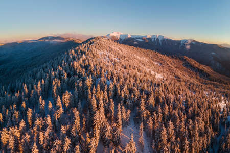 Evening aerial panorama of wild winter mountainsの写真素材