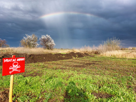 Mine field in Ukraine with rainbow and dramatic sky. War in Ukraine