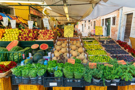 Selection of green grocery and vegetables on the market in Venice, Italy.の写真素材