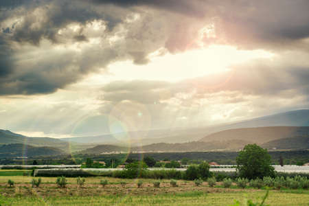 Warm sunset in the French Alps. Countryside landscape in Provence with apple gardens, hills and cloudy skyの写真素材