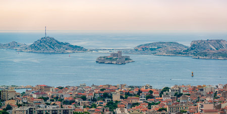 Beautiful Marseille panorama. Famous If island and Marseille harborの写真素材