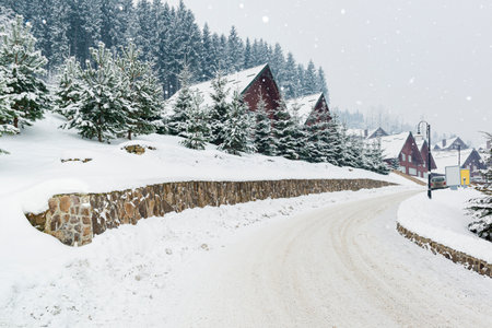 Snowy winter village. Winter village with houses covered by snow and snow road. Winter vacationの写真素材